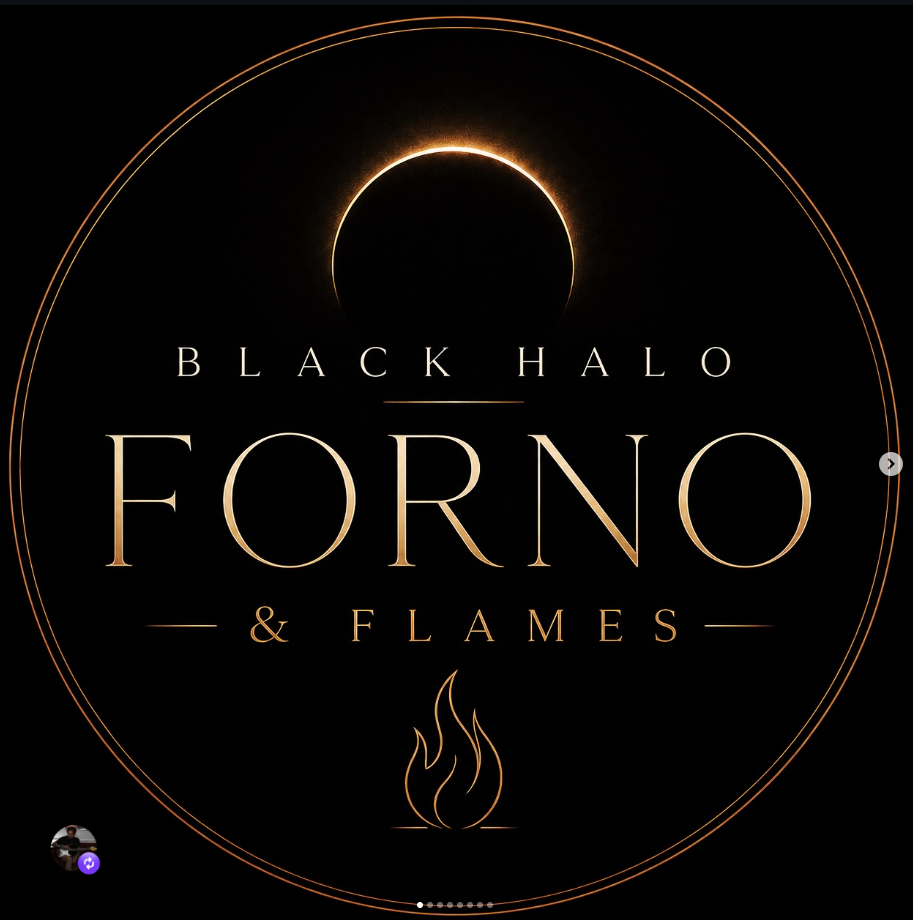 Black Halo Forno and Flames logo beneath a glowing eclipse